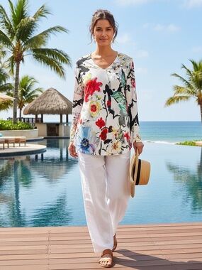 Soft Surroundings Fiore V-Neck Tunic with Red Blue Yellow Floral Pattern Size L